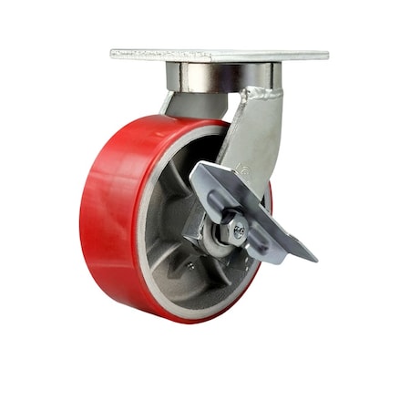 Service Caster 8'' Heavy Duty Red Poly on Cast Iron Caster with Brake and Swivel Lock CRAN-SCC-KP92S830-PUR-RS-SLB-BSL